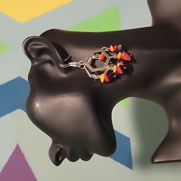 New Handmade Hexagon Shaped Fire Color Natural Stone Dangle Earrings Gift Box - Picture 5 of 5